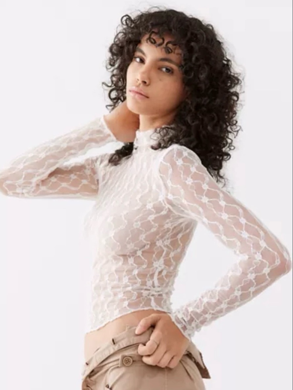URBAN OUTFITTERS Pale Pink Lace Mock Neck Sheer Long Sleeve Top